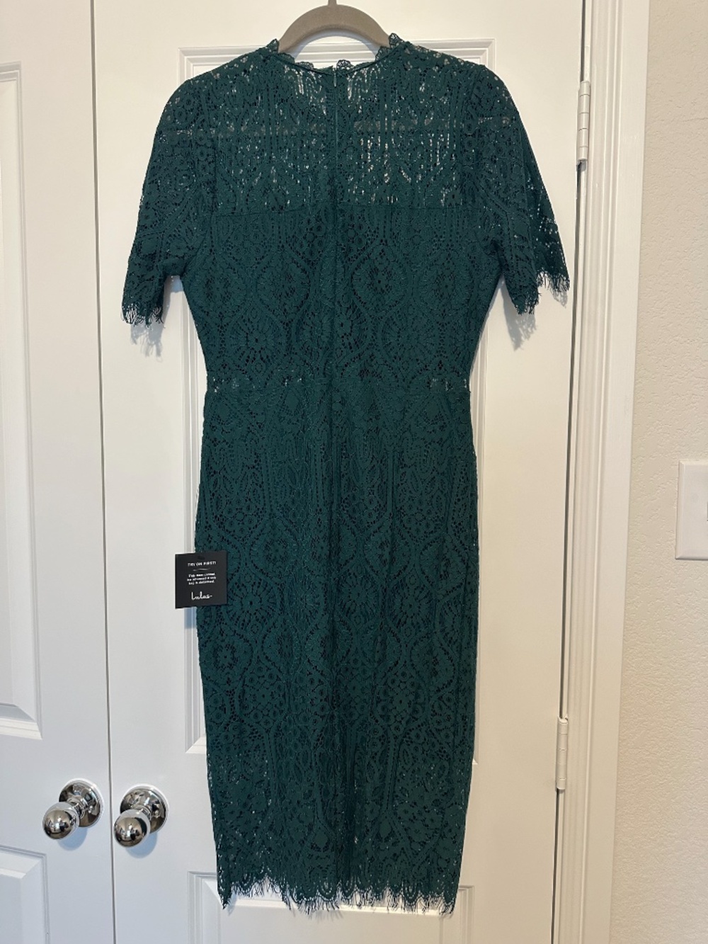 Lulus Remarkable Forest Green Sheer Lace Short Sleeve Mini Dress - Large - Picture 3 of 5